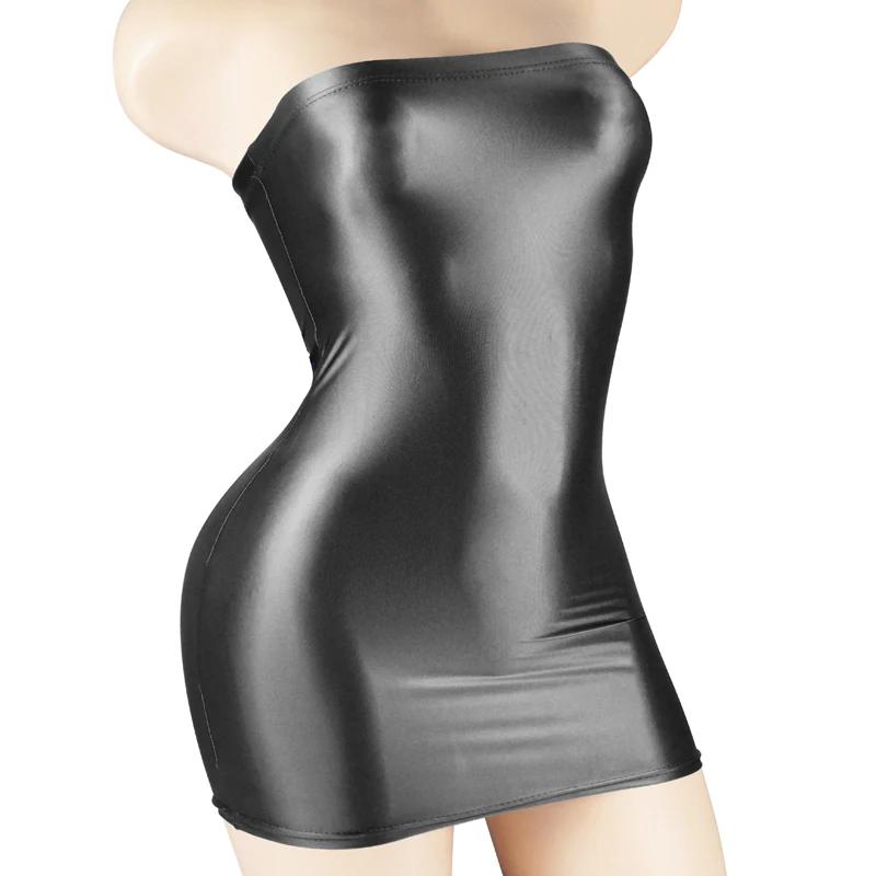 Mini robe sexy en satin huilé, brillante, transparente, micro, à travers la batterie, moulante, cray