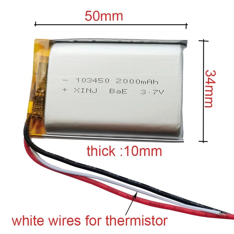 Batterie aste au lithium polymère, thermistance à 3 fils, 3.7V, 2000mAh, 7,4 Wh, 103450, 3 broches,