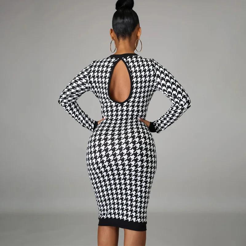 Robe mi-longue imprimée pied-de-poule pour femmes, manches longues, ajourée, moulante, Sexy, Streetw