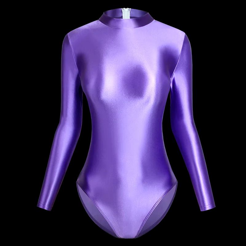 Maillot de bain une pièce satin brillant japonais dos serré fermeture zip coupe haute manches longues