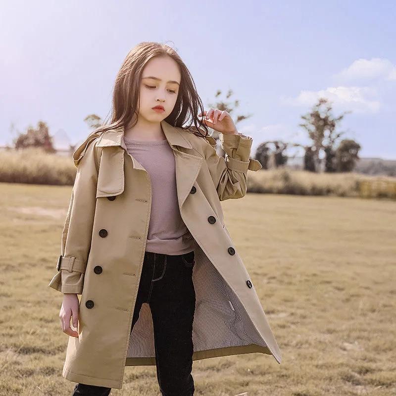 Trench-coat long pour adolescentes de 4 à 13 ans, nouvelle mode, veste coupe-vent de Style anglais p