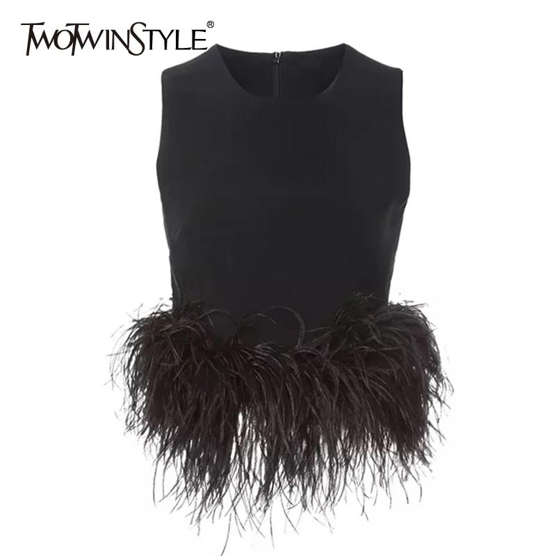 TWOTWINSTYLE noir Patchwork plumes mode coréenne petit haut femmes col rond sans manches mince hauts