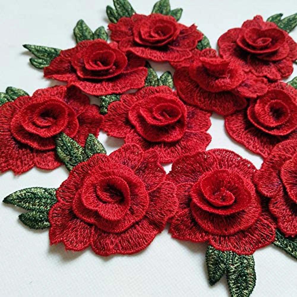Patchs de vêtements brodés de fleurs rouges, 3 pièces, sacs de mariage en tissu, décoration de ridea