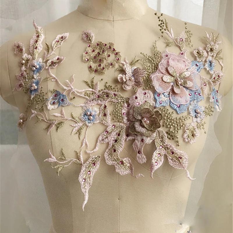 Patchs en tissu brodés de fleurs 3D, perles et dentelle pour sacs, costumes de scène, décoration, co