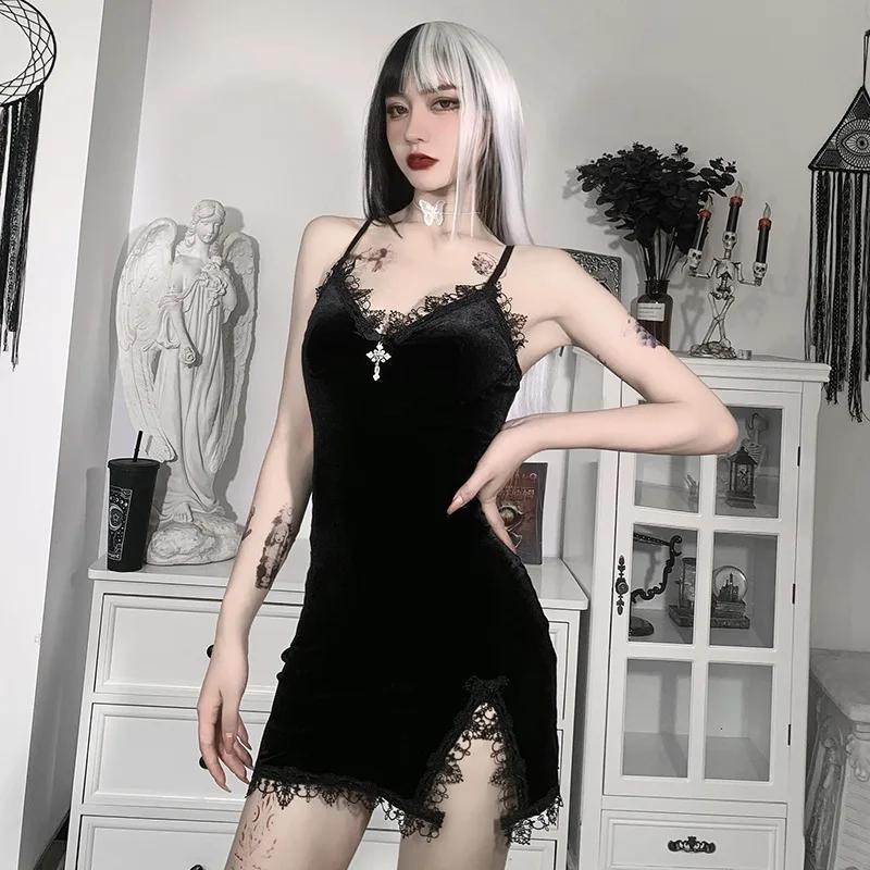 Mini robe noire croisée foncée, Vintage, Sexy, bretelles Spaghetti, taille haute, fente latérale, Go