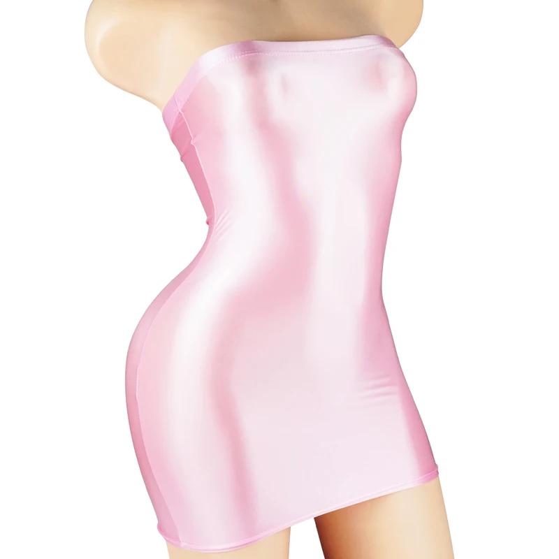 Mini robe sexy en satin huilé, brillante, transparente, micro, à travers la batterie, moulante, cray