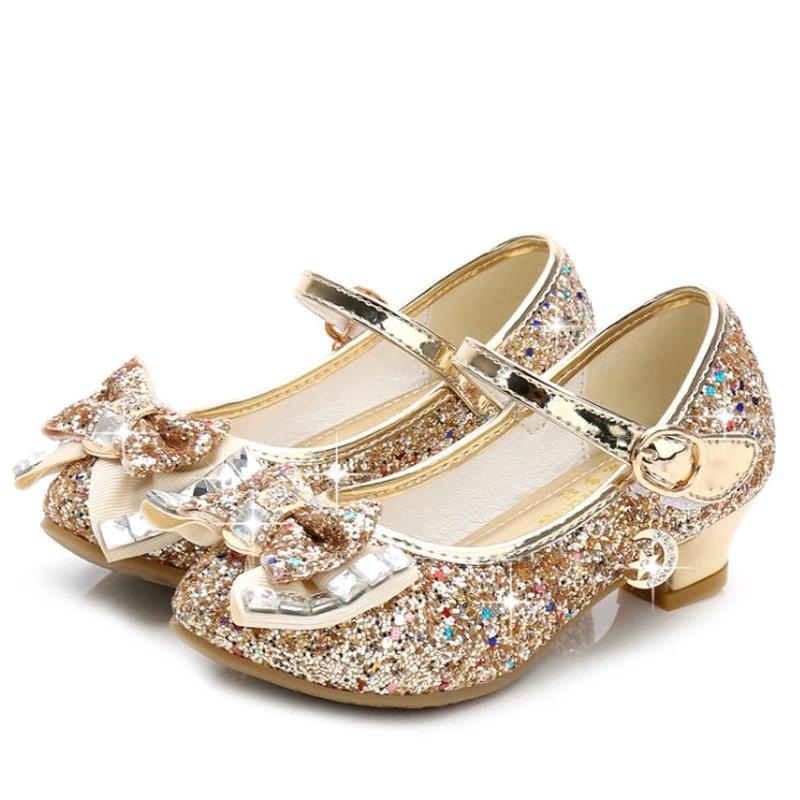 Chaussures en cuir à talons hauts pour filles, chaussures de princesse pour enfants, fleur, paillett