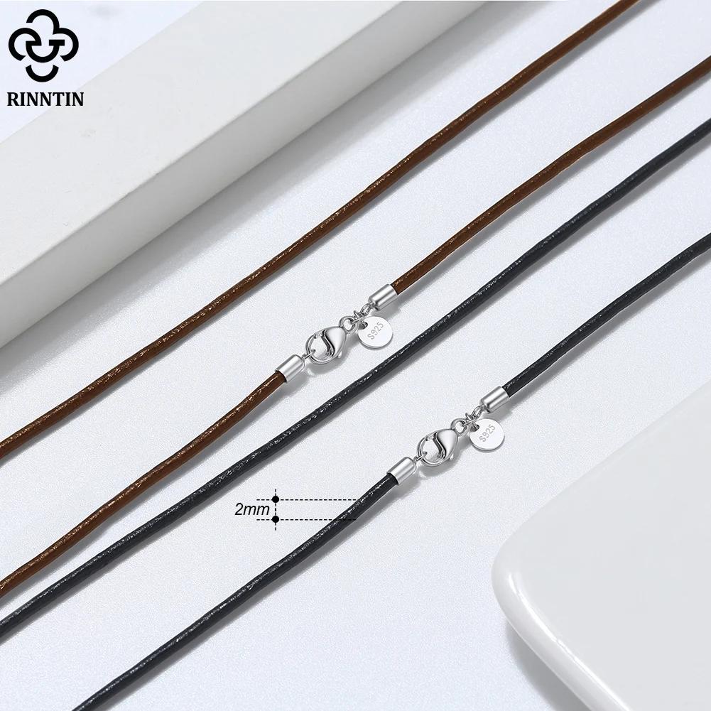 Rinntin véritable italien 2mm marron cuir cordon chaîne collier pour femmes hommes avec 925 en argen