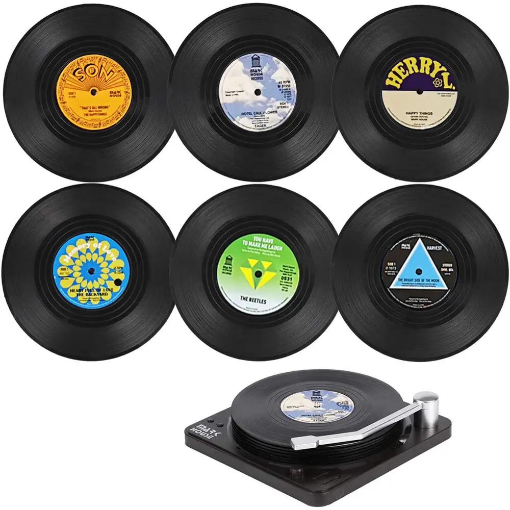 Ensemble de 6 sous-verres en vinyle pour boissons, sous-verres de musique avec support pour lecteur