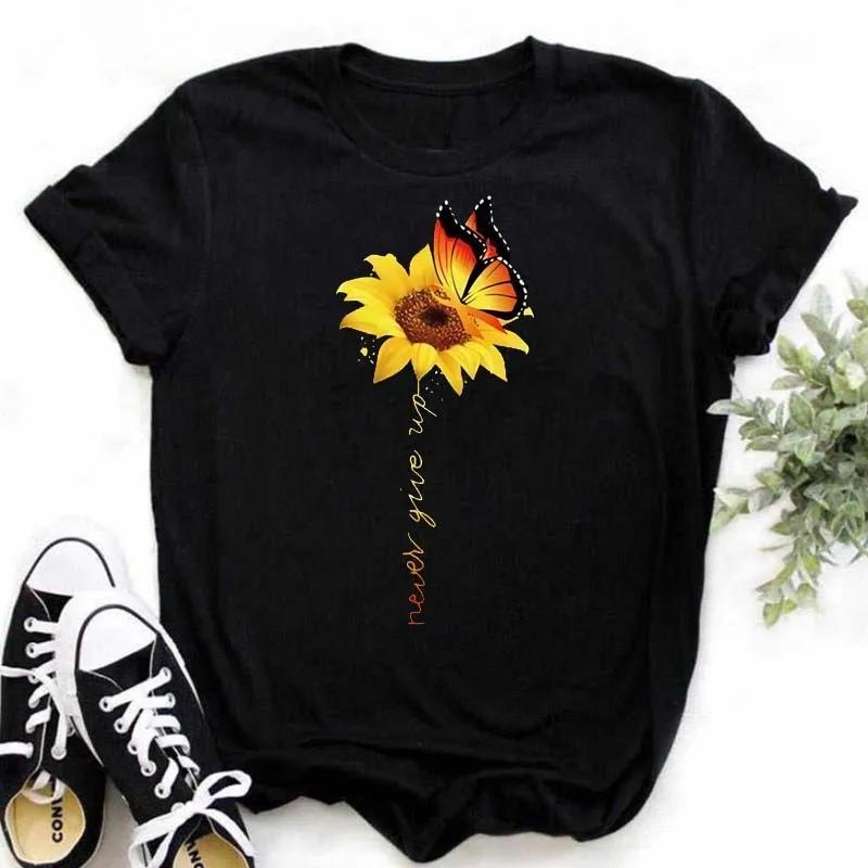 Maycaur T-shirt femme décontracté Kawaii tournesol motif papillon imprimé T-shirt confortable décont