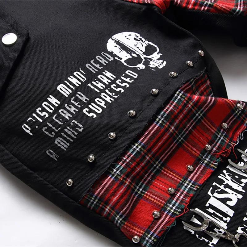 Jean Patchwork Tartan écossais pour hommes, pantalon en Denim noir, Punk avec Rivet, lettres imprimé