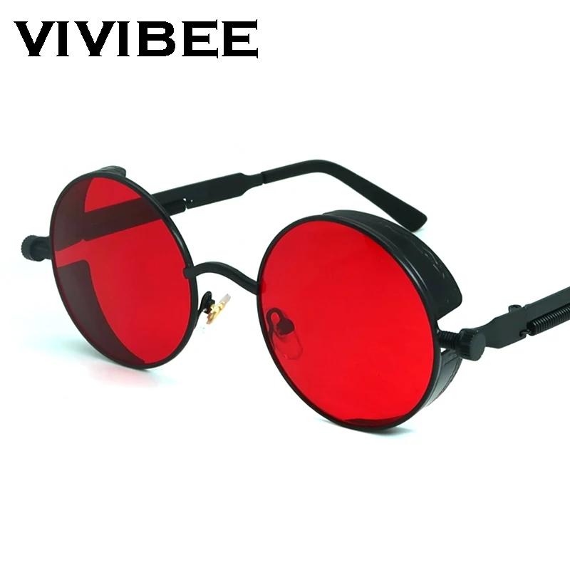 VIVIBEE Lunettes de soleil vintage steampunk rouges pour hommes, lunettes rondes punk en alliage mét