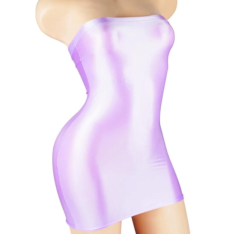 Mini robe sexy en satin huilé, brillante, transparente, micro, à travers la batterie, moulante, cray