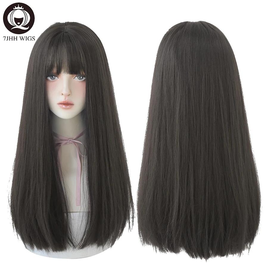 7JHHWIGS – perruques synthétiques longues et lisses marron clair avec frange pour femmes, résistante
