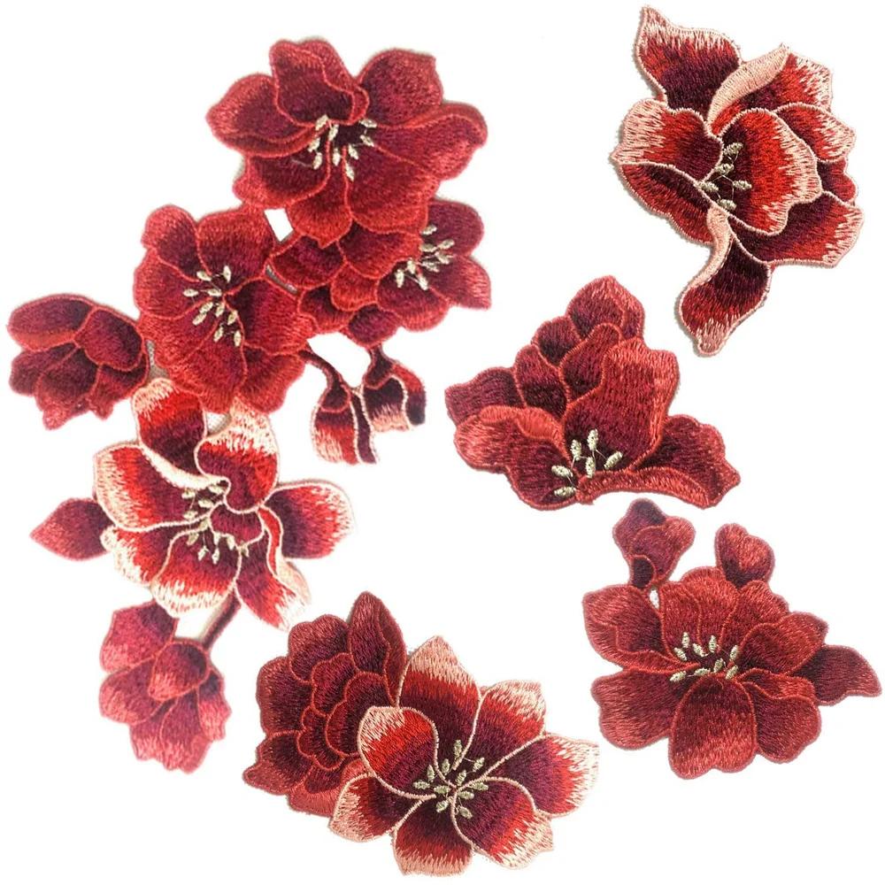 Patchs de broderie de fleurs de prunier rouge, autocollant en tissu pour vêtements, réparation de co