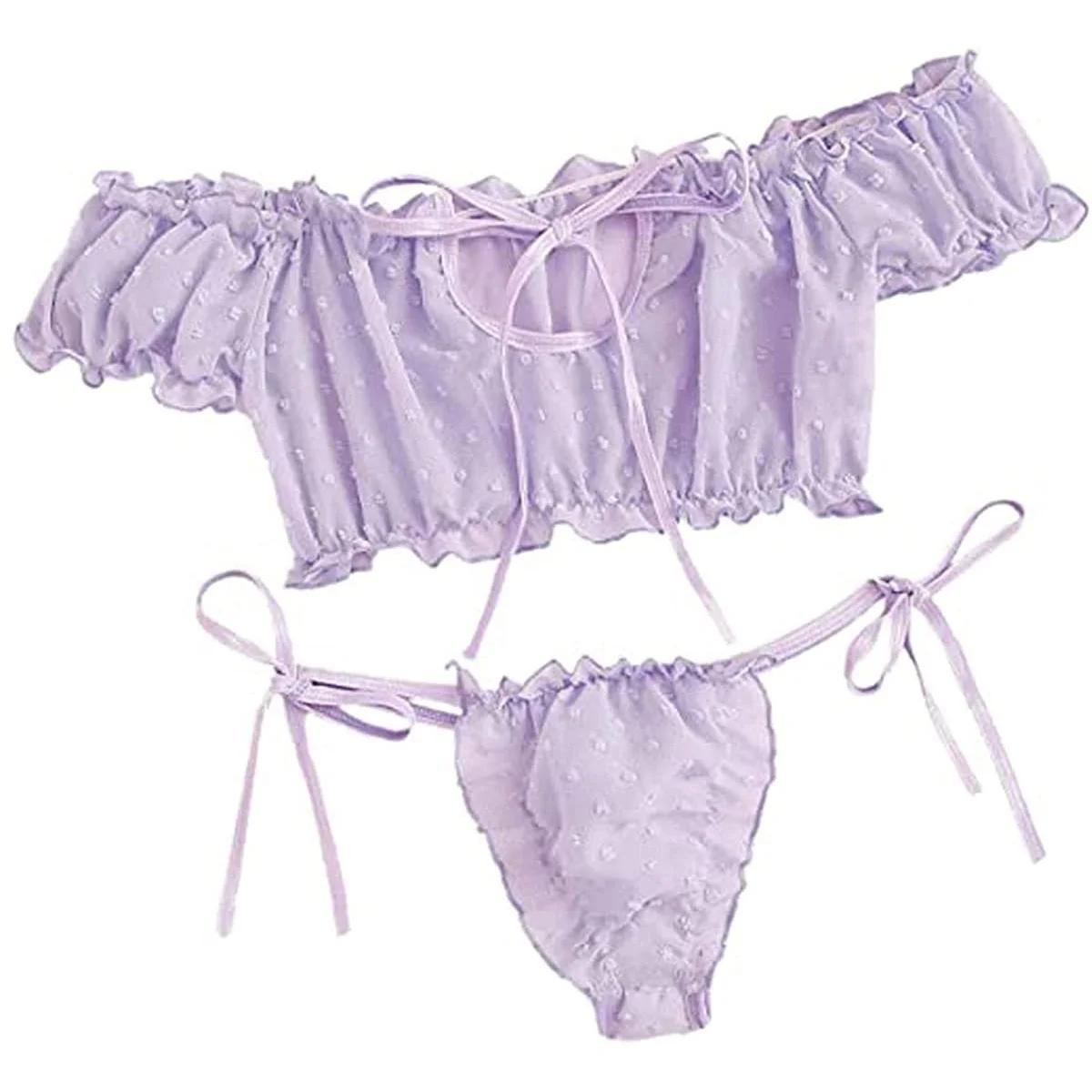 2 pièces épaules dénudées à lacets ensemble Bikini femmes doux décontracté à manches courtes maillot