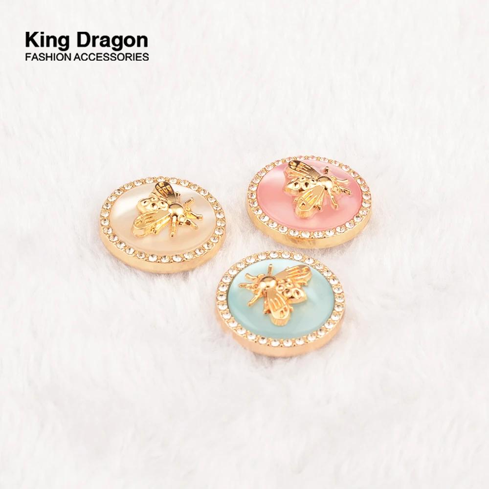Nouvel Arrivage – Lot de 6 Boutons en Métal Doré avec Strass et Perles Roses et Bleues, Style Abeill