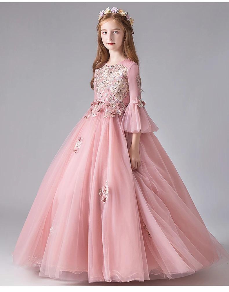 Robe de Demoiselle d'Honneur en Dentelle Rose pour Enfant, Tenue de Princesse à Manches Évasées, de