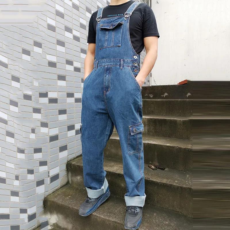 Combinaison Salopette pour Homme, Grande Taille, Bretelles Droites, Jean Bleu avec 7 Poches