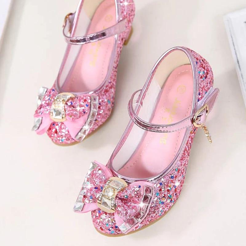 Chaussures en cuir à talons hauts pour filles, chaussures de princesse pour enfants, fleur, paillett