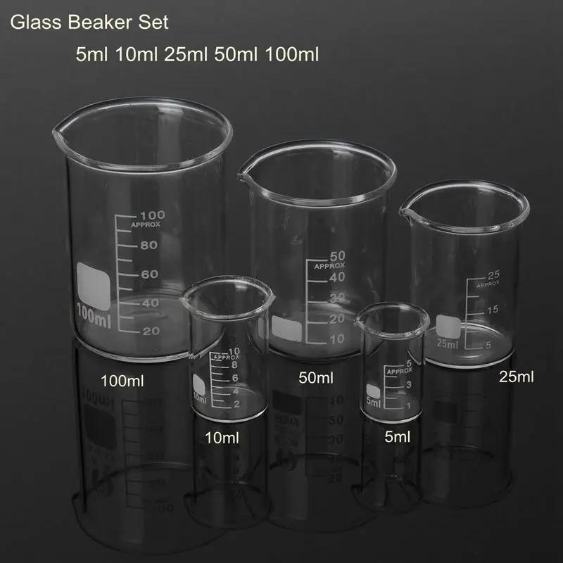 5 pièces/ensemble 5/10/25/50/100ml bécher en verre laboratoire tasse à mesurer verrerie pour école é