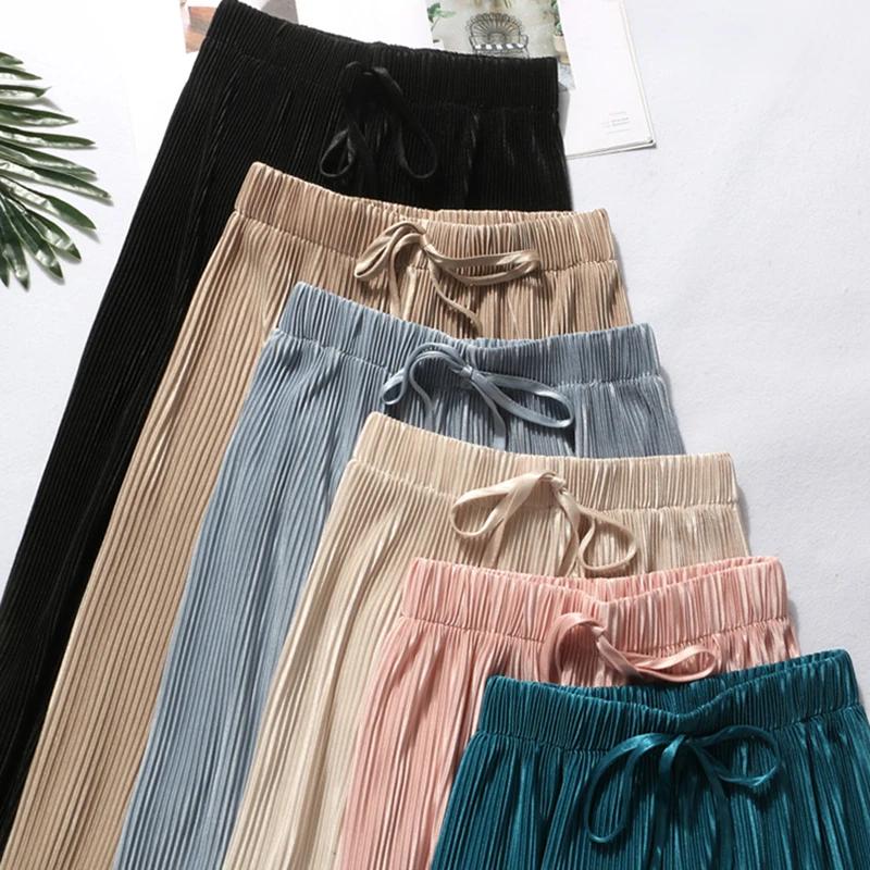 2025 femmes plissées en vrac glace soie coréen décontracté pantacourt jambe large pantalon maison cl