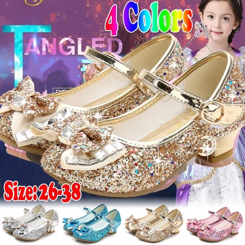 Chaussures en cuir à talons hauts pour filles, chaussures de princesse pour enfants, fleur, paillett