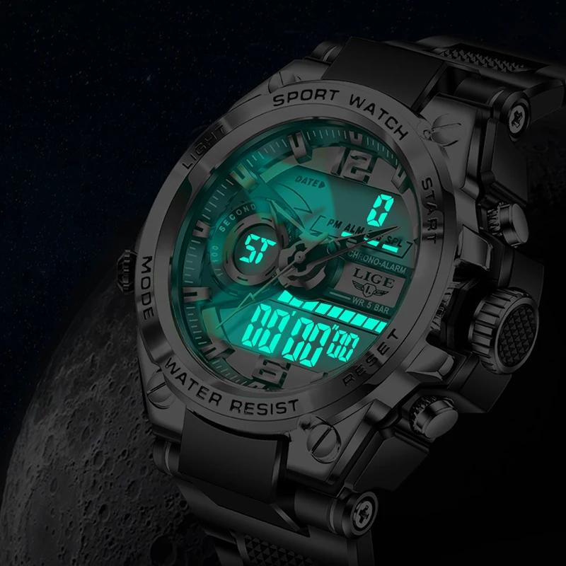 LIGE numérique hommes montre militaire 50m étanche montre-bracelet LED Quartz horloge Sport montre m