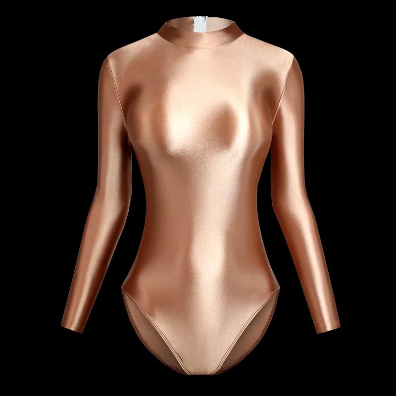 Maillot de bain une pièce satin brillant japonais dos serré fermeture zip coupe haute manches longues