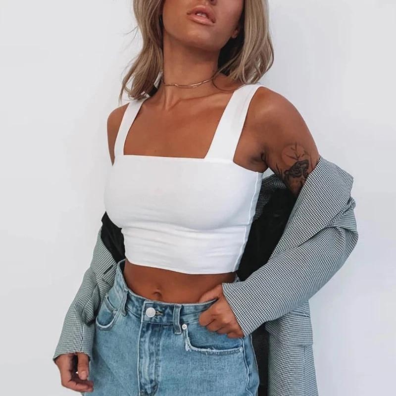 Col carré sans manches été haut court blanc femmes noir décontracté basique t-shirt épaules nues Cam