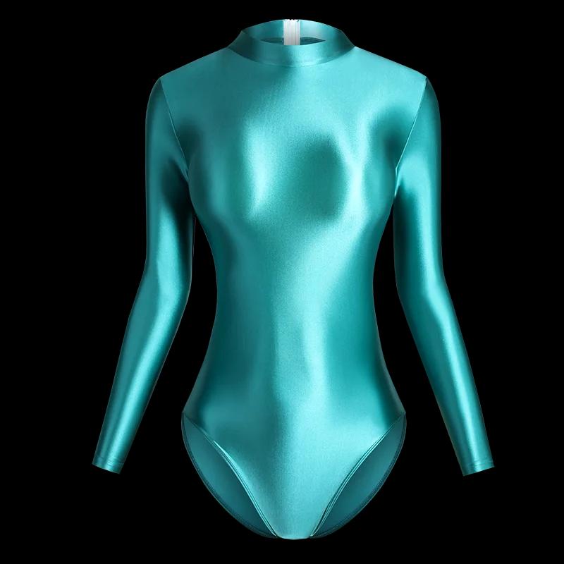 Maillot de bain une pièce satin brillant japonais dos serré fermeture zip coupe haute manches longues