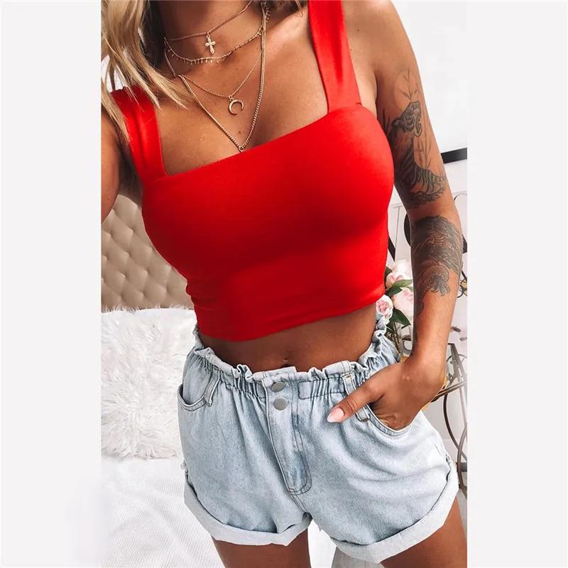 Col carré sans manches été haut court blanc femmes noir décontracté basique t-shirt épaules nues Cam