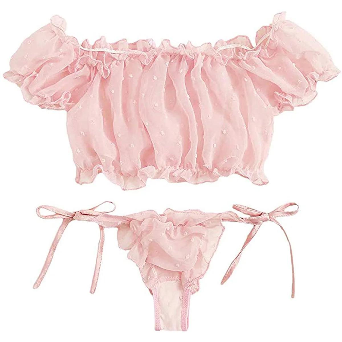 2 pièces épaules dénudées à lacets ensemble Bikini femmes doux décontracté à manches courtes maillot