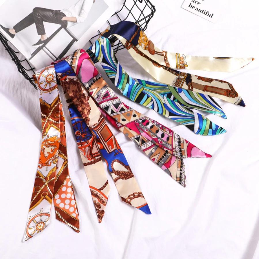 Nouvelle impression fleur petite écharpe pour femmes poignée sac rubans marque mode foulard petites