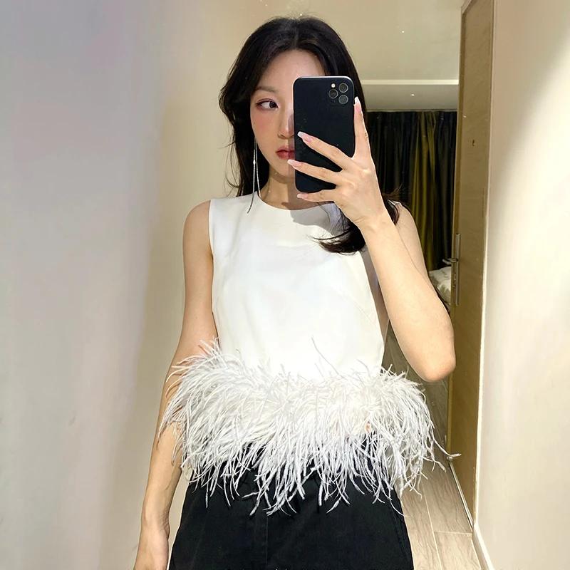 TWOTWINSTYLE noir Patchwork plumes mode coréenne petit haut femmes col rond sans manches mince hauts