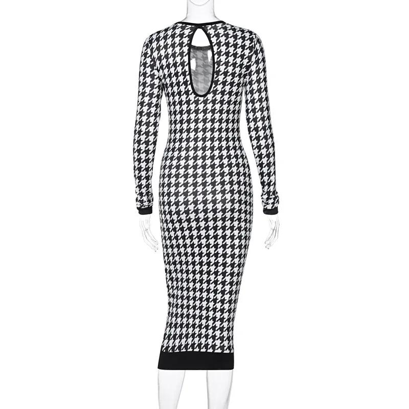 Robe mi-longue imprimée pied-de-poule pour femmes, manches longues, ajourée, moulante, Sexy, Streetw