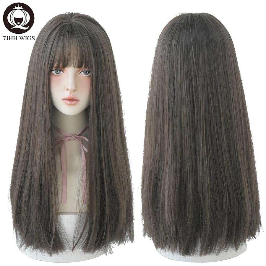 7JHHWIGS – perruques synthétiques longues et lisses marron clair avec frange pour femmes, résistante