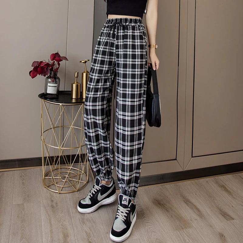 Pantalons femmes nouveau bouquet de pieds mode ample noir Plaid été Harajuku étudiants Streetwear sa