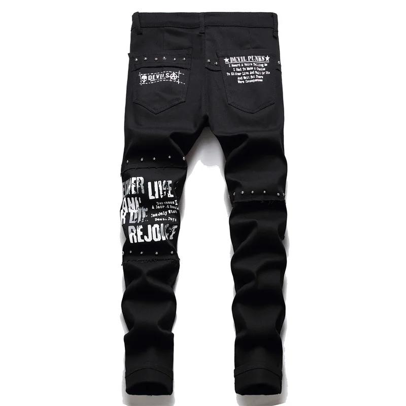 Jean Patchwork Tartan écossais pour hommes, pantalon en Denim noir, Punk avec Rivet, lettres imprimé