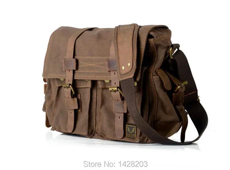 Rétro Vintage coton toile + cuir véritable hommes sac de messager sac à bandoulière militaire toile