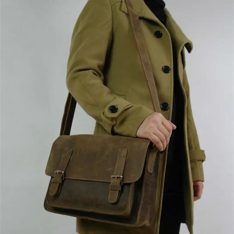 Sac à bandoulière Vintage en cuir de cheval fou pour hommes, sacoche en cuir véritable pour loisirs,