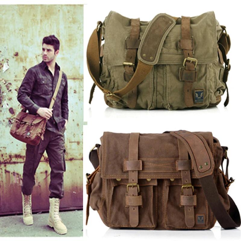Rétro Vintage coton toile + cuir véritable hommes sac de messager sac à bandoulière militaire toile