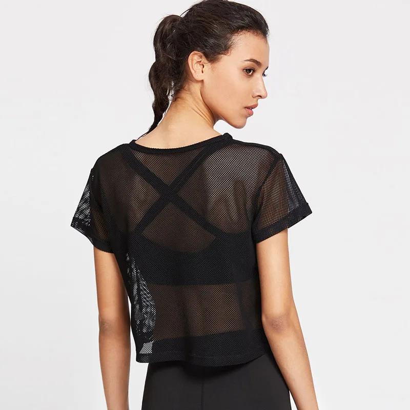 Chemise de yoga en maille pour femmes, t-shirt sexy à manches courtes, haut de sport, chemisier Cove