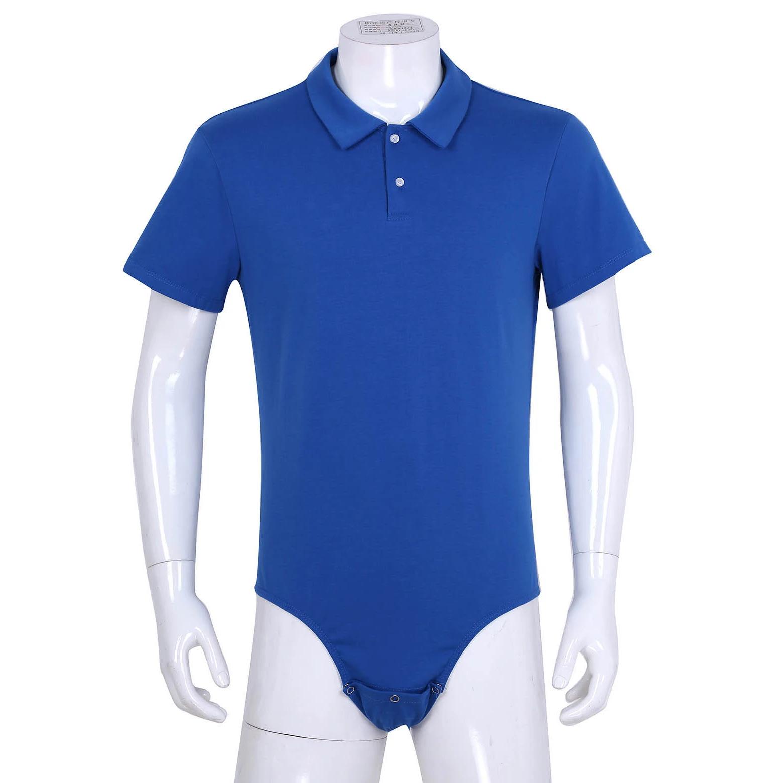 Adulte hommes une pièce Body Catsuit à manches courtes col rabattu bouton-pression entrejambe chemis