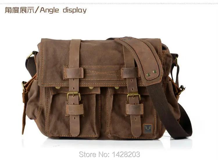 Rétro Vintage coton toile + cuir véritable hommes sac de messager sac à bandoulière militaire toile