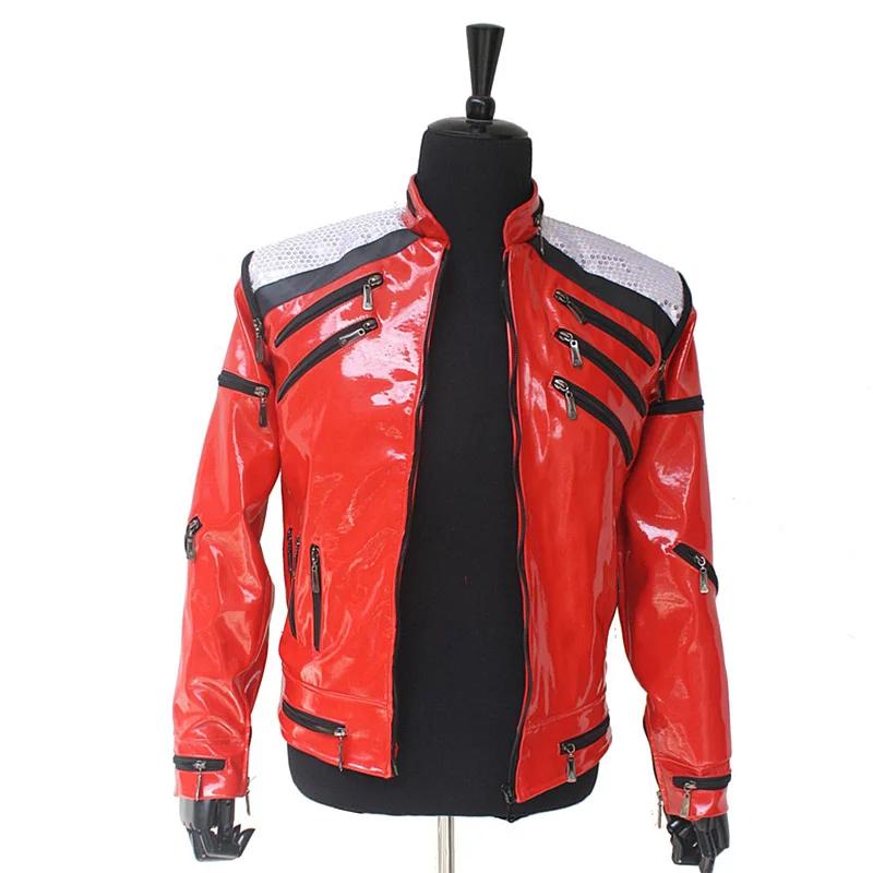 Impersonnateur Michael Jackson Costumes veste rouge Beat It fermeture éclair paillettes cuir décontr