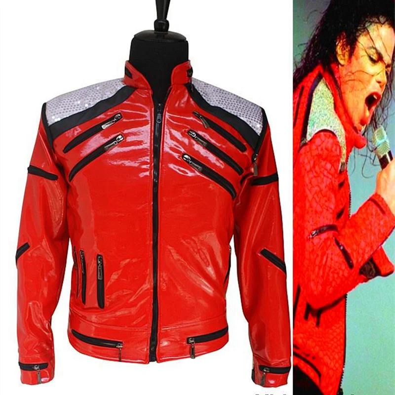 Impersonnateur Michael Jackson Costumes veste rouge Beat It fermeture éclair paillettes cuir décontr