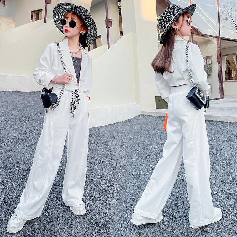 Ensemble de vêtements pour adolescentes, Top court + veste Blazer et pantalon, costume blanc 3 pièce