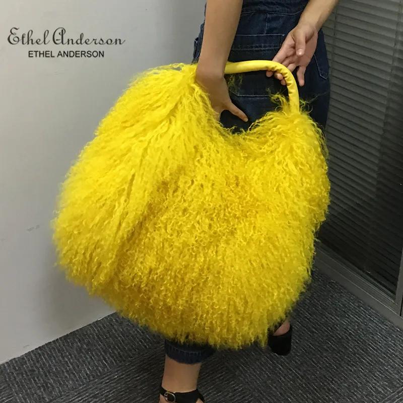 Sac à main de luxe en fourrure de mouton de Mongolie véritable, sac Boston en cuir véritable doux et