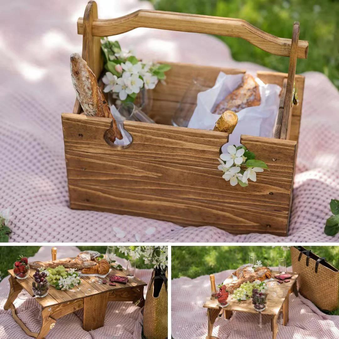 Table pliante de pique-nique en plein air 2 en 1, bureau en bois multifonctionnel, panier de rangeme